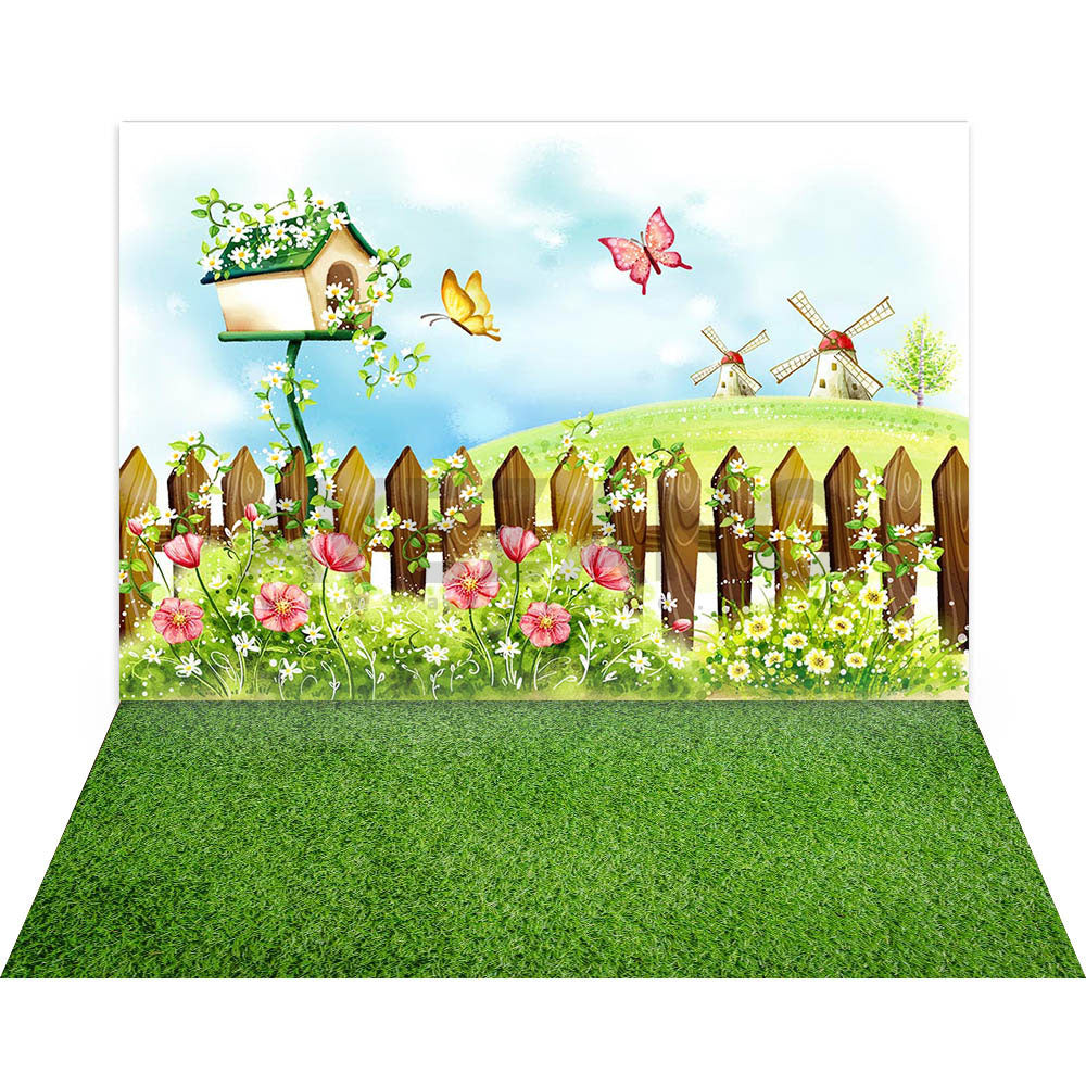 Avezano Spring Lawn and Butterflies 2 pcs Set Backdrop-AVEZANO