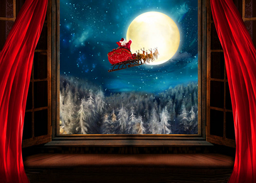 Avezano Red Curtains and Old Man Under the Moon Christmas Photography Backdrop-AVEZANO