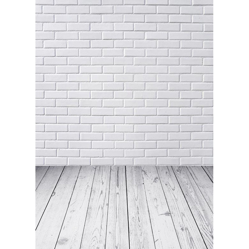Avezano Pure White Tile Brick Wall Texture Photo Backdrop With Vertical Version Wood Floor-AVEZANO