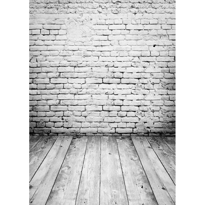 Avezano Gray Tone Old White Brick Wall Texture Photo Backdrop With Wood Floor-AVEZANO