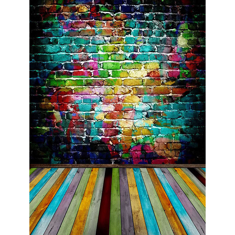 Avezano Colored Graffiti Brick Wall With Colored Wood Floor Texture Photo Backdrop-AVEZANO