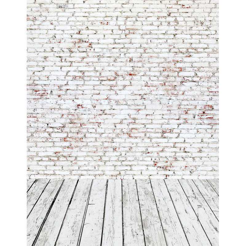 Avezano Painted White Brick Wall Texture Photo Backdrop With Vertical Version Wood Floor-AVEZANO