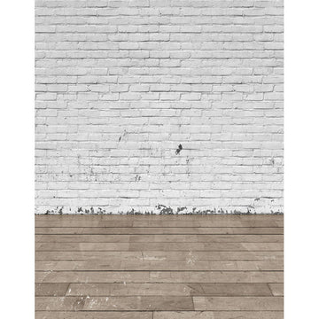 Avezano Painted White Brick Wall Photo Backdrop With Horizontal Version Wood Floor-AVEZANO