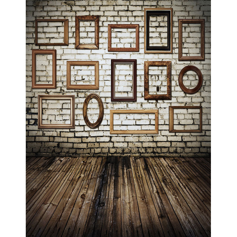 Avezano White Brick Wall Backdrop With Some Picture Frames And Wood Floor For Photography-AVEZANO
