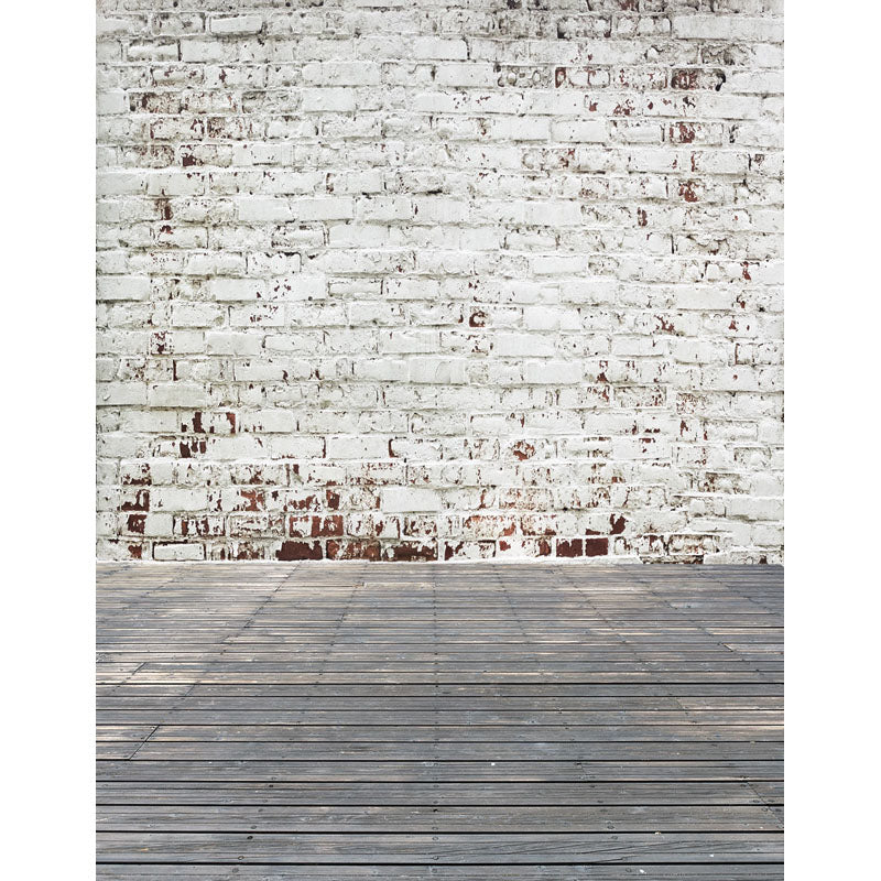 Avezano Painted White Brick Wall Backdrop With Horizontal Version Wood Floor For Photography-AVEZANO