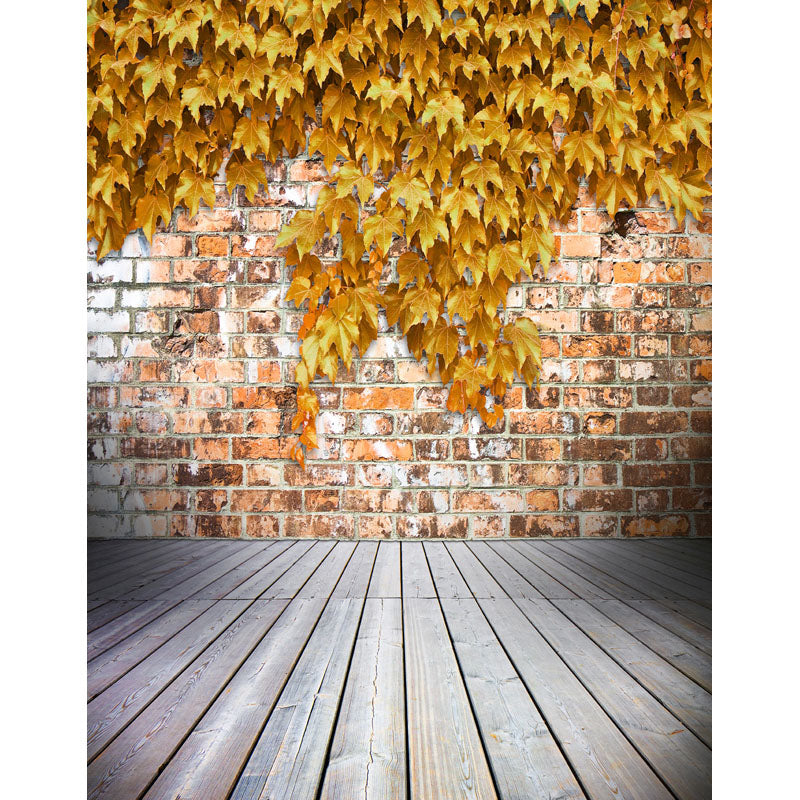 Avezano Brick Wall Backdrop With Golden Maple Leaves And Wood Floor For Photography-AVEZANO