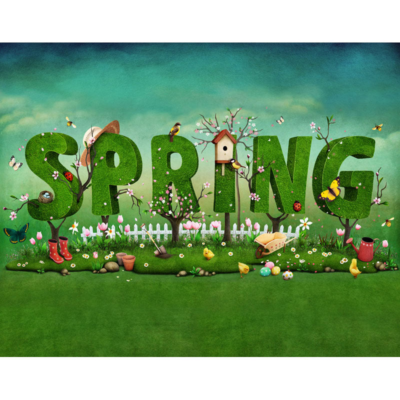 Avezano Green Lawn With Green Spring Text Cartoon Photography Backdrop For Children-AVEZANO