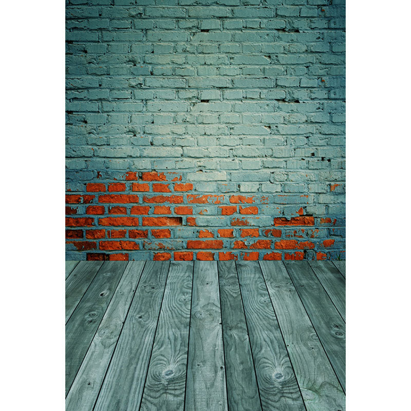 Avezano Cyan Tone Brick Wall Backdrop With Vertical Version Wood Floor For Photography-AVEZANO