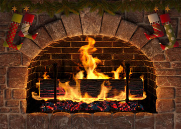 Avezano Christmas Burning Fireplace Photography Backdrop-AVEZANO