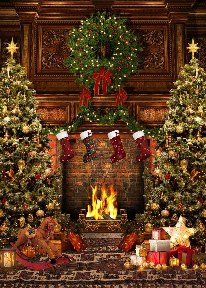 Avezano Super Stylish Christmas Burning Fireplace Photography Background-AVEZANO
