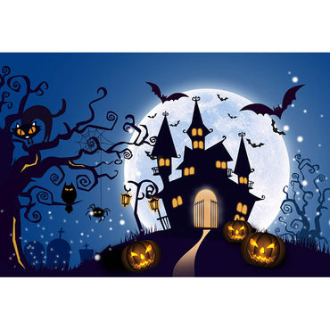 Toile de fond pour photographie d'Halloween avec le château d'Avezano et les arbres tordus