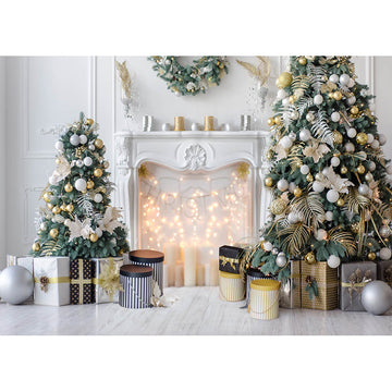 Avezano White Wall Background Christmas Trees And Fireplace Backdrop For Photography-AVEZANO