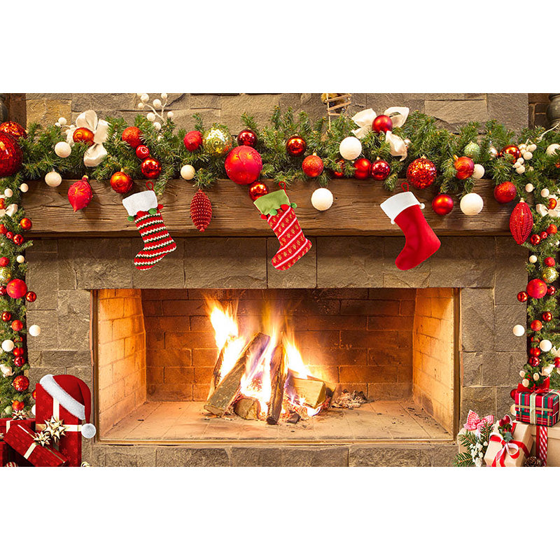 Avezano Fireplace With Red Socks Christmas Photography Backdrop-AVEZANO