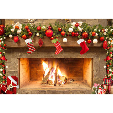 Avezano Fireplace With Red Socks Christmas Photography Backdrop-AVEZANO