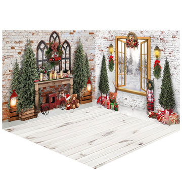 Avezano Brick Wall and Christmas Mantel Photography Backdrop Room Set-AVEZANO