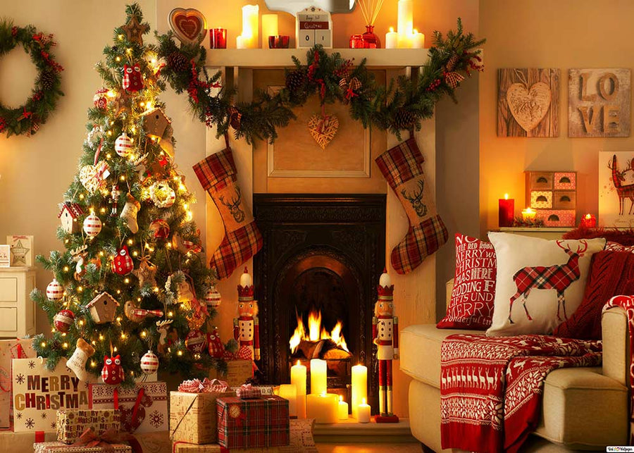 Avezano Christmas Fireplace Interior Decoration Photography Backdrop-AVEZANO