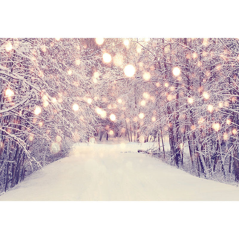 Avezano Snowy Road And Trees In Winter With Gold Bokeh Photography Backdrop-AVEZANO
