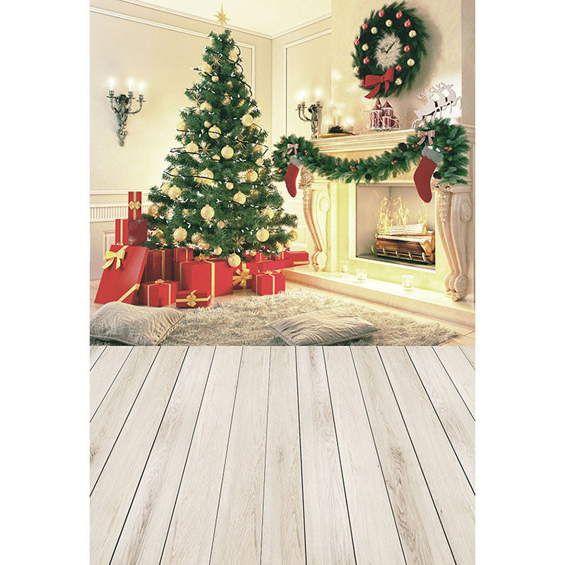 Avezano Christmas Tree And Fireplac With Wood Floor Photography Backdrop For Christmas-AVEZANO