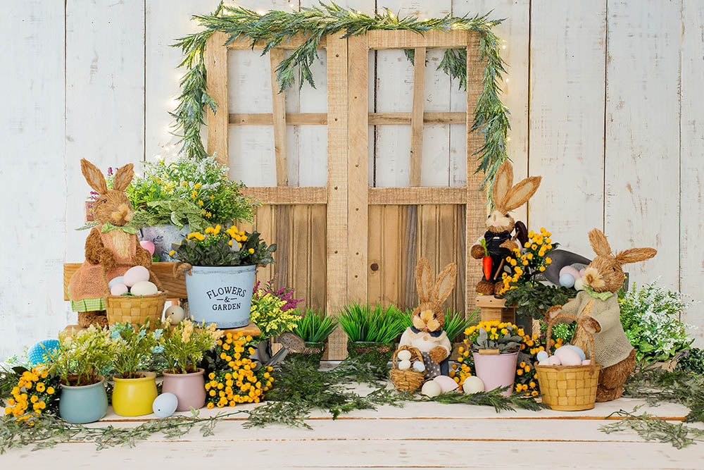 Avezano Spring Easter Bunny Wooden Door Photography Backdrop-AVEZANO