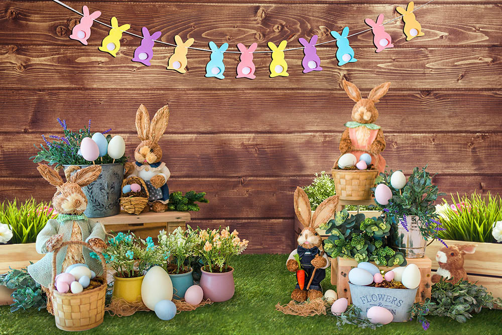 Avezano Wooden Wall Easter Bunny Eggs Spring Photography Backdrop-AVEZANO
