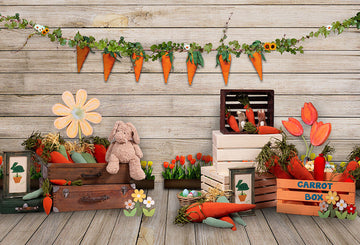 Avezano Wooden Wall Easter Bunny & Carrots Spring Photography Backdrop-AVEZANO