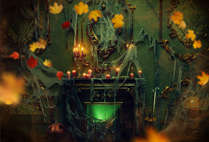 Avezano Cobwebbed Fireplace Halloween Backdrop for Photography-AVEZANO