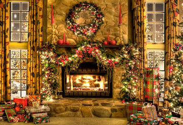 Avezano Light Luxury Christmas Fireplace And Gift Pile Photography Background-AVEZANO