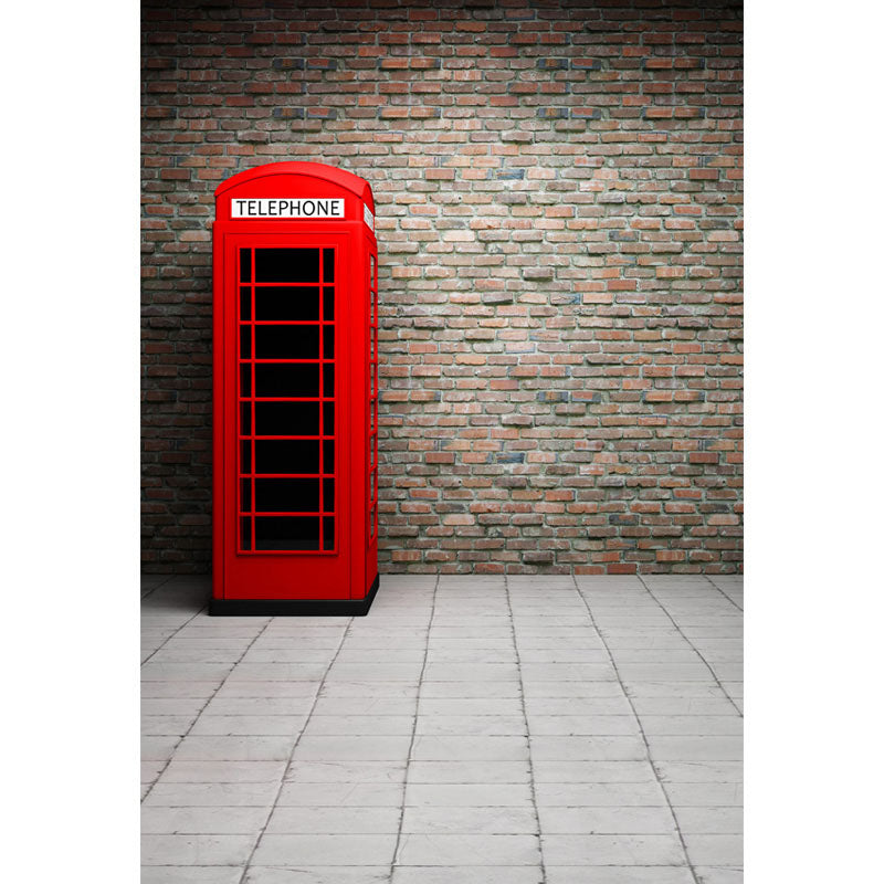 Avezano Brick Wall Texture Backdrop With Red Telephone Booth And Square Stone Floor For Photography-AVEZANO